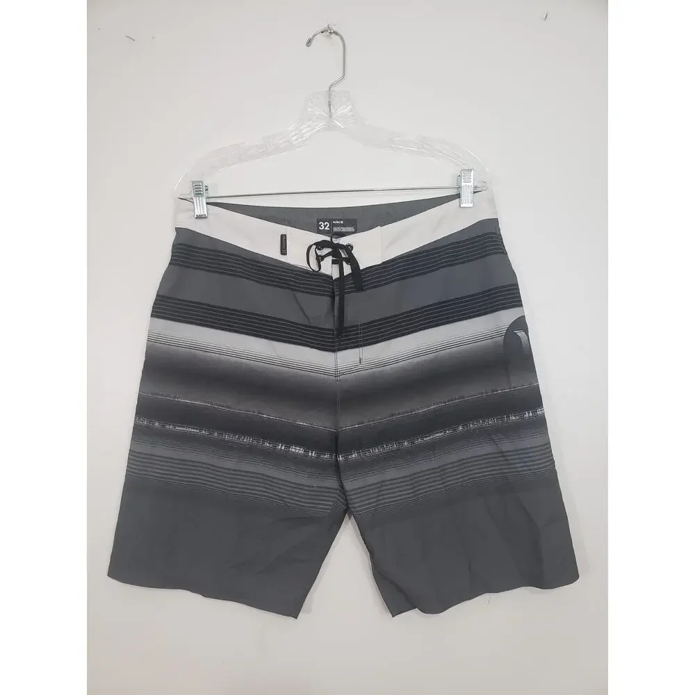 Hurley Phantom Mens Board Shorts Size 32 Black Gray Striped Swim Beach Resort